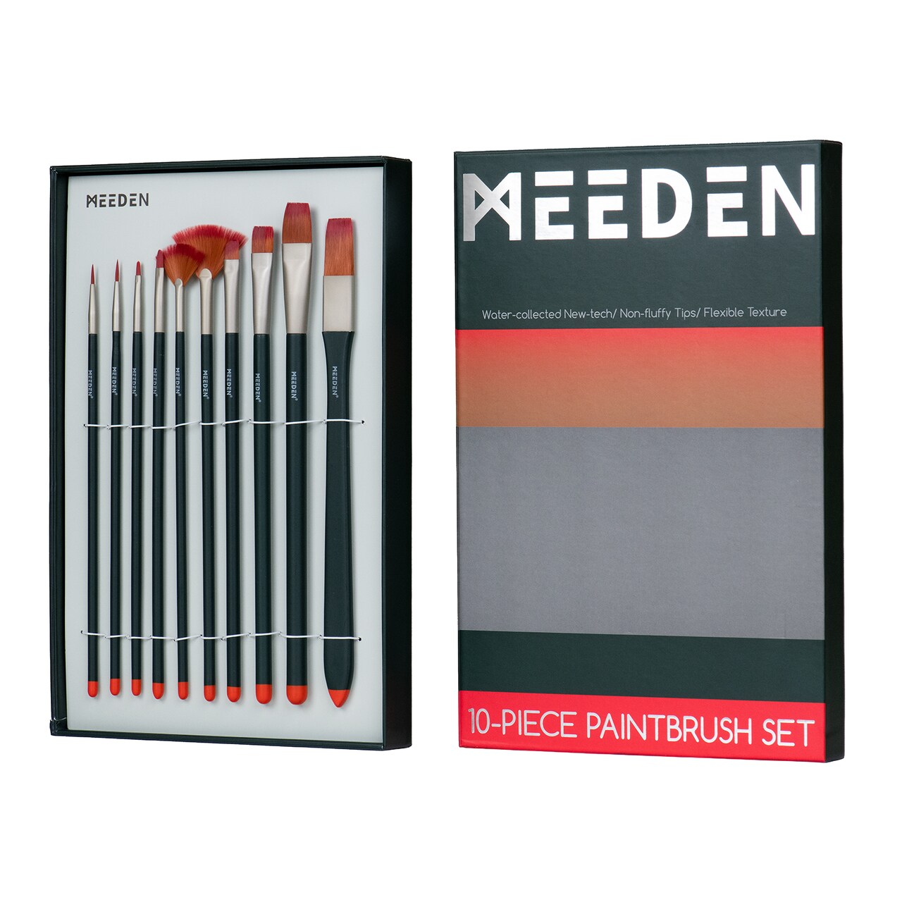 MEEDEN Art Paint Brushes Set, 10 PCS Long Handled Professional Paint Brushes for Acrylic,Watercolor Painting, Soft Nylon Acrylic Paint Brushes of Flat,Fan,Angle,Filbert, Detail with Storage Box